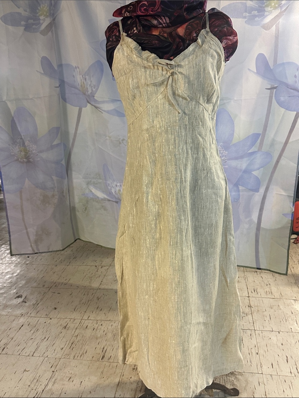 Harve Benard Maxi Slip Dress with Bow and ruffle neckline 100% linen.